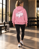 Roll Gear Tap Hype Hoodie – White Print, back view, Tap Hype graphic, walking through the gym.