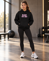 Roll Gear Tap Hype Hoodie – White Print, full-length front view, worn with leggings in the gym.