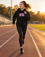 Roll Gear Tap Hype Hoodie – White Print, front view, worn while running on an outdoor track.