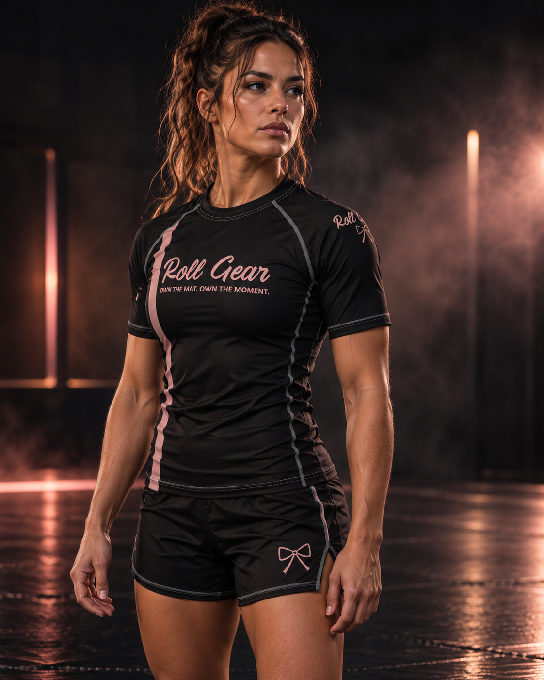 Roll Gear Bows Short Sleeve Rash Guard – Black – Women’s, front view on a woman in a smoky studio.