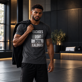 Roll Gear Excuses Don't Burn Calories Premium T-Shirt – Men's, worn by a man carrying a jacket in a gym.