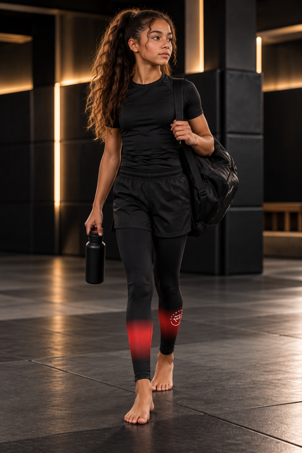 Roll Gear Black Fade Training Spats – Black/Grey – Youth, teen girl walking with a gym bag.