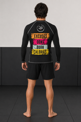 Roll Gear Excuses Don’t Burn Calories Rash Guard – Black – Men’s, back view, Excuses Don't Burn Calories back print.