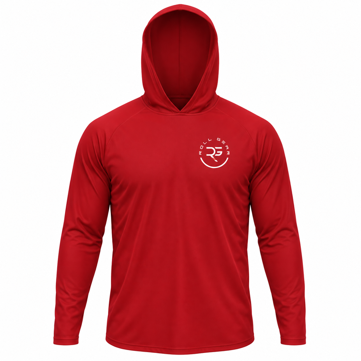 Roll Gear Hooded Long Sleeve Jersey – Unisex, flat front view, chest logo.
