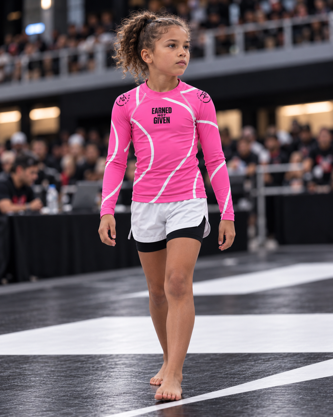 Roll Gear Kids Pink Long Sleeve Rash Guard, young girl walking across the competition mat.