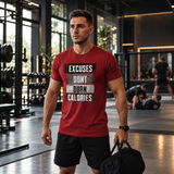 Roll Gear Excuses Don't Burn Calories Premium T-Shirt – Men's, another colorway worn by a man walking in a gym.