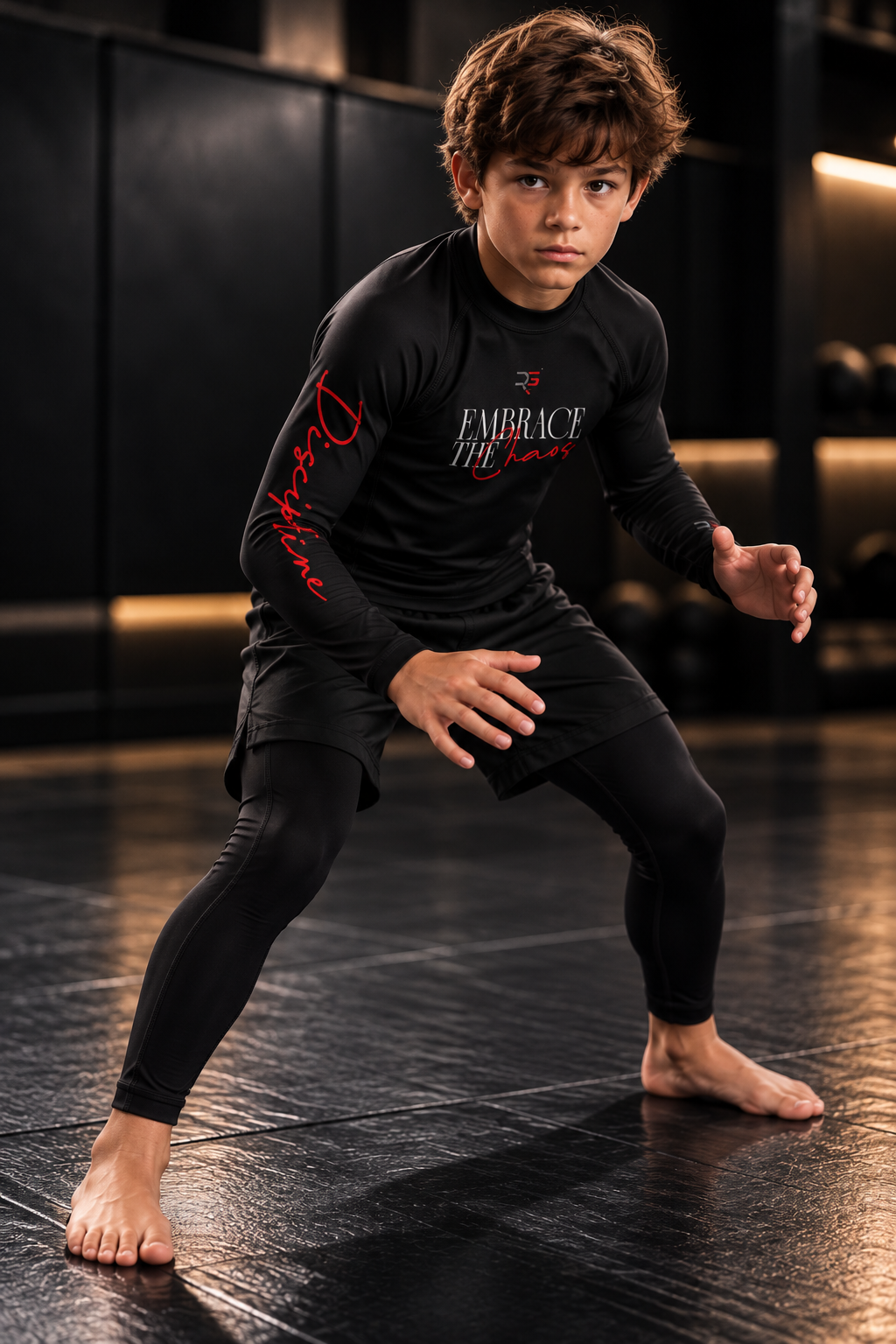 Roll Gear Embrace the Chaos Rash Guard – Kids, worn by a boy in a grappling stance.