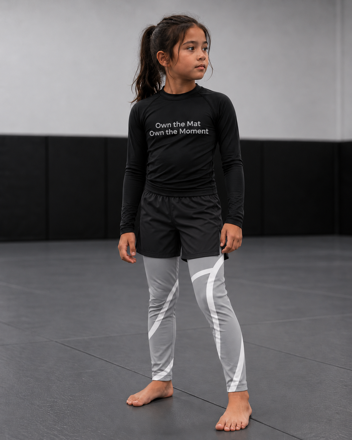 Roll Gear Grey Swirl Spats – Grey/White – Kids, worn by a girl with a black rash guard on the mat.