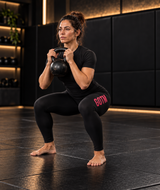 Roll Gear Women’s Girls on the Mat BJJ Leggings – Black Edition, woman holding a kettlebell squat.