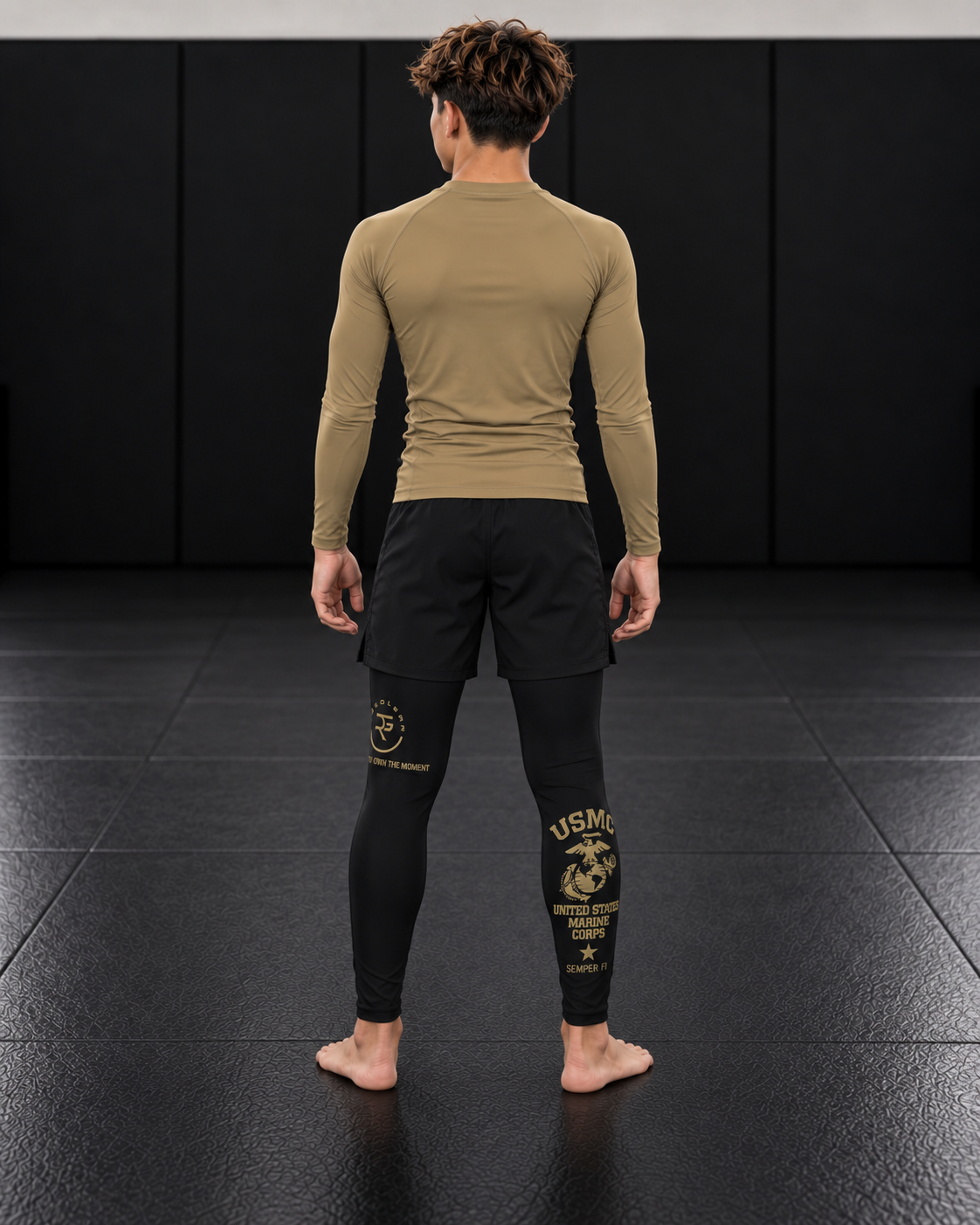 Roll Gear Youth Marines Gold Compression Spats, back view on a teen athlete.