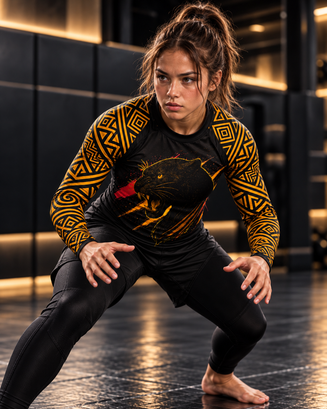 Roll Gear Jaguar Youth BJJ Rash Guard, worn by a girl in a low grappling stance on the mat.