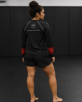 Roll Gear Black Fade Long Sleeve Rash Guard - Black/Red, Women's, product photo, additional angle.
