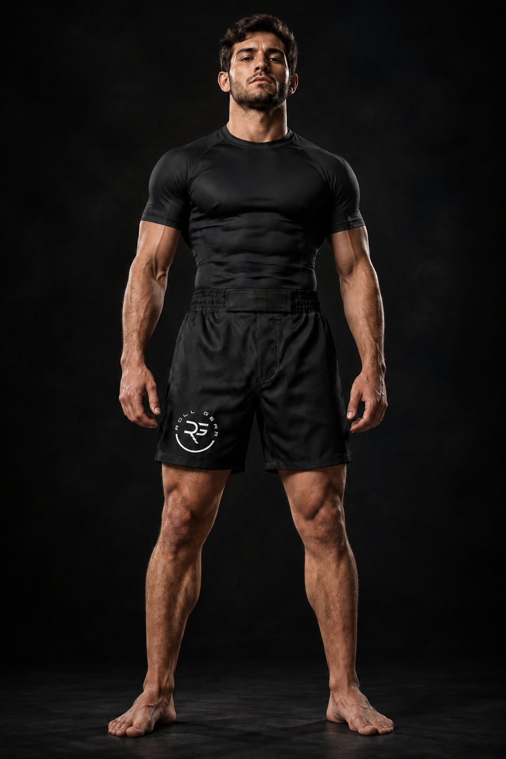 Roll Gear Men's Black BJJ Grappling Shorts, worn by a man standing in a dark gym.