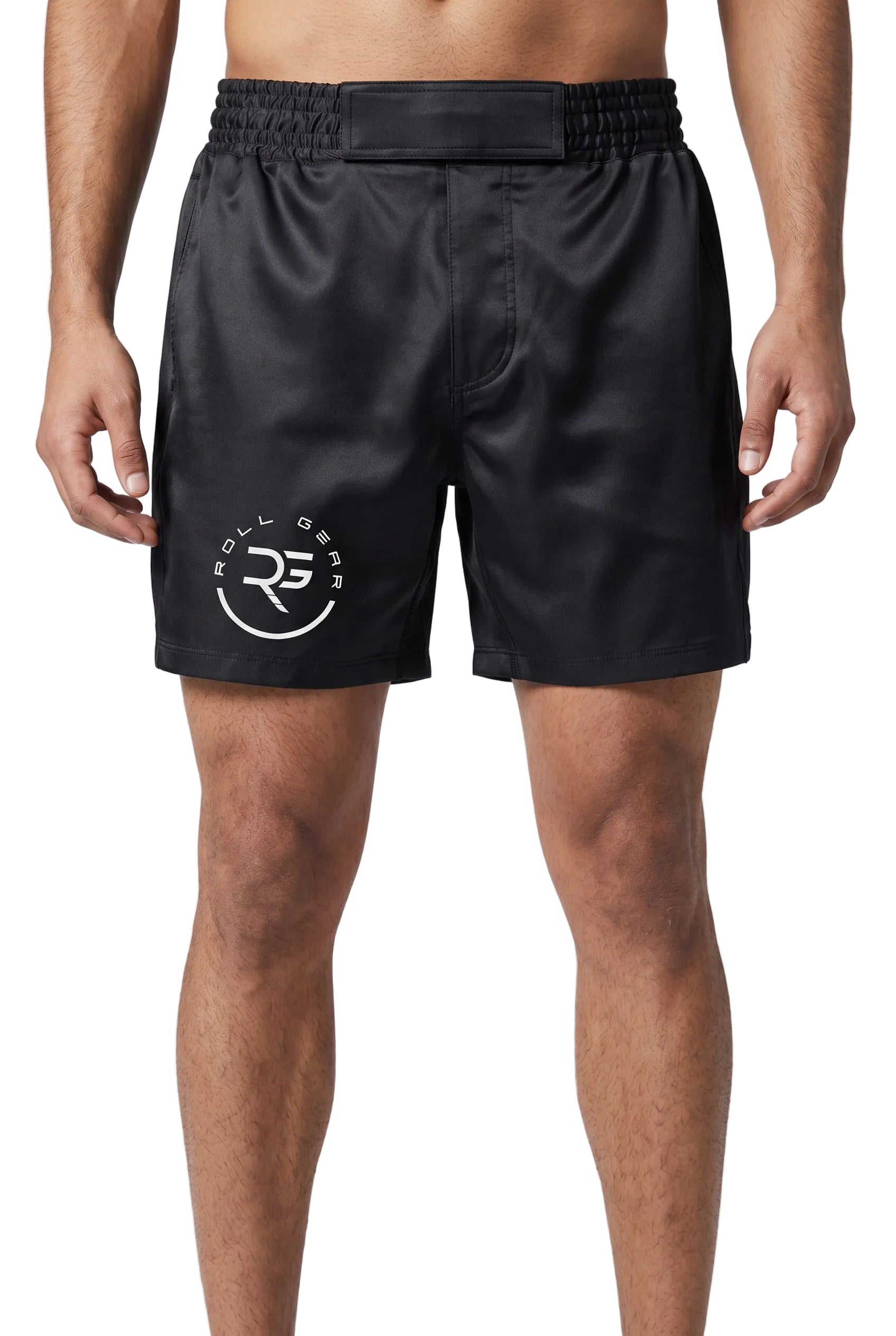 Roll Gear Men's Black BJJ Grappling Shorts – IBJJF-compliant no-gi shorts with premium 4-way stretch, shown on a virtual model.
