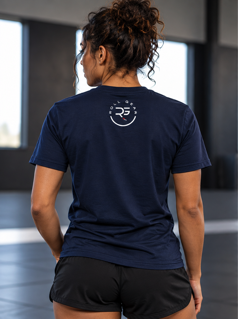 Roll Gear Women's Earned Not Given Motivational T-Shirt, back view, Roll Gear logo below the collar.