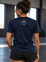 Roll Gear Women's Earned Not Given Motivational T-Shirt, back view, Roll Gear logo below the collar.