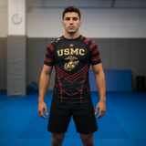 Roll Gear Unisex Marines "Dress Blues" Short Sleeve Rash Guard in black, red & gold, shown on a male model.