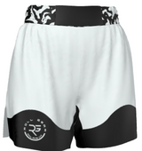 White athletic shorts with black accents and a logo on a white background