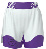 White shorts with purple accents and a logo on a white background