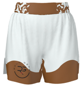 White athletic shorts with brown accents and a logo on a white background