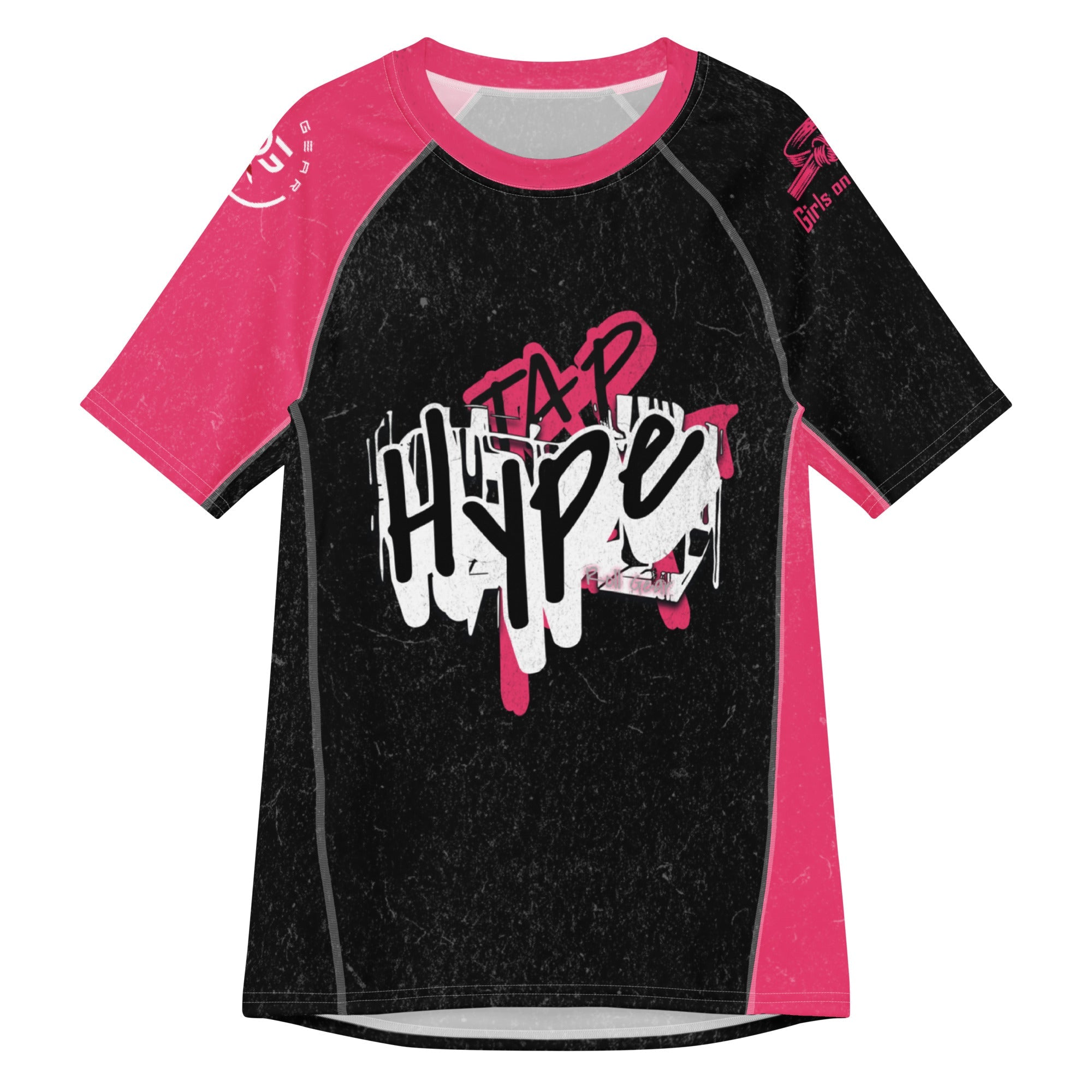 Roll Gear Tap Hype Pink Edition Short-Sleeve BJJ Rash Guard, front view, additional angle.