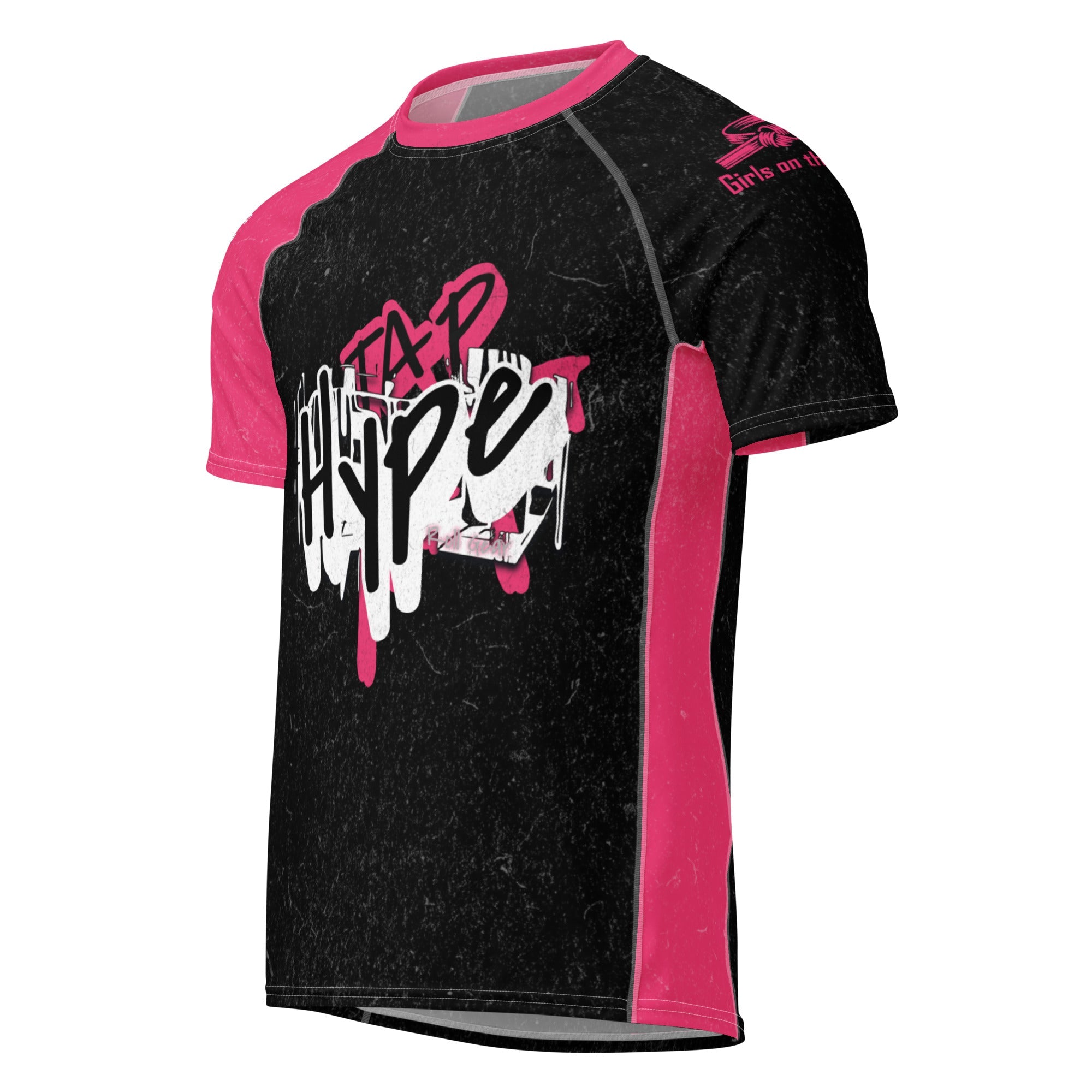Roll Gear Tap Hype Pink Edition Short-Sleeve BJJ Rash Guard, front view.