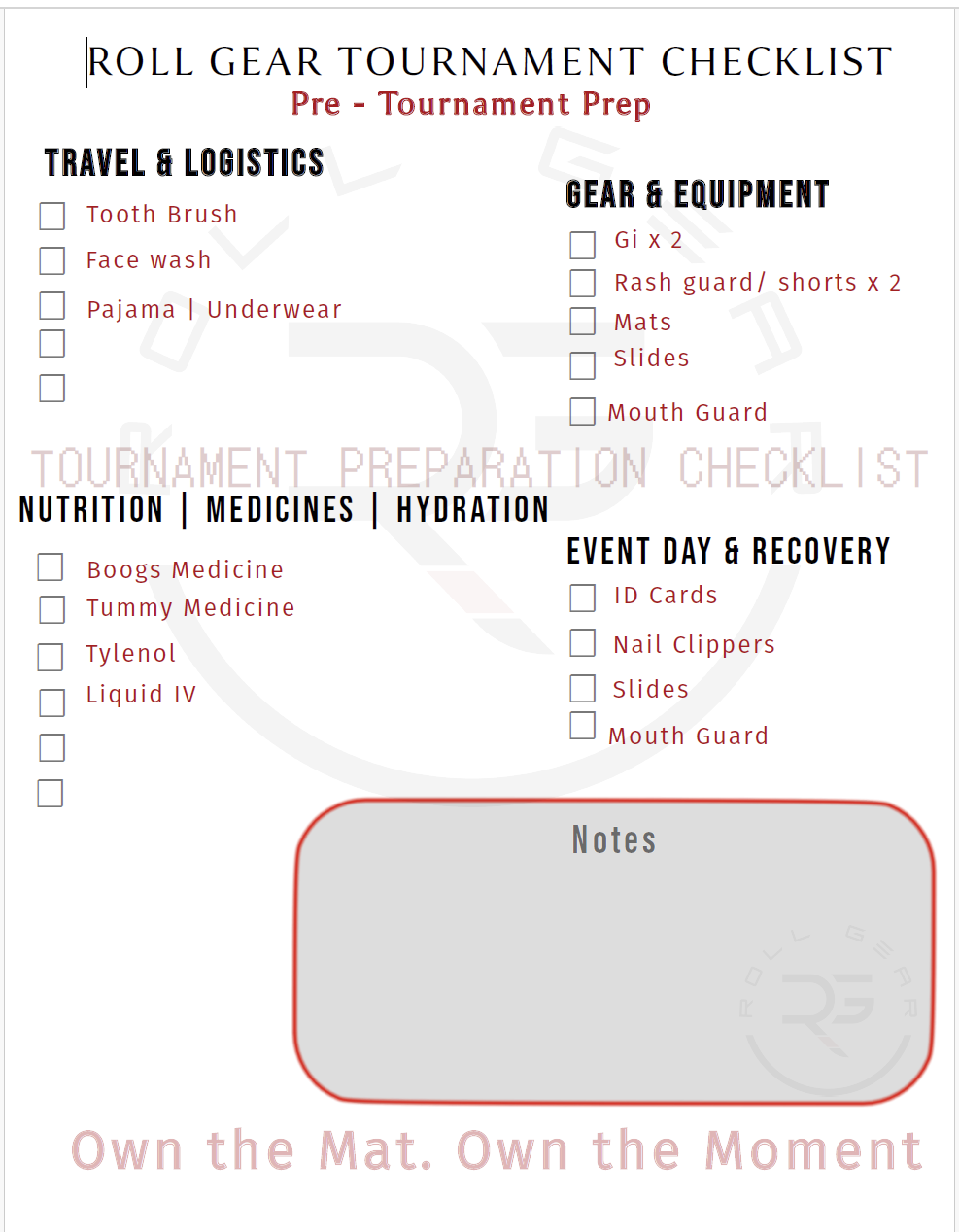 Roll Gear Competition Day Checklist - digital product preview screenshot.