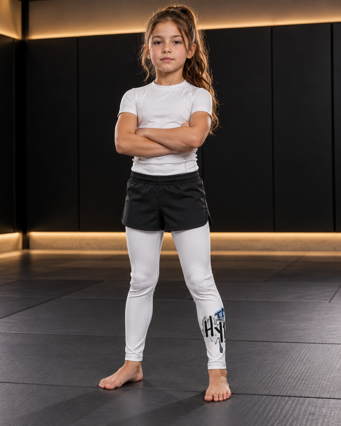 Roll Gear Tap Hype Spats – Blue & White – Boys Kids, front view on a child with arms crossed.