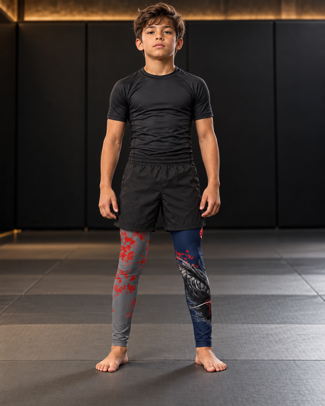 Roll Gear Shadow Dragon Warrior Spats – Dark Navy & Crimson – Youth, front view on a teen boy.
