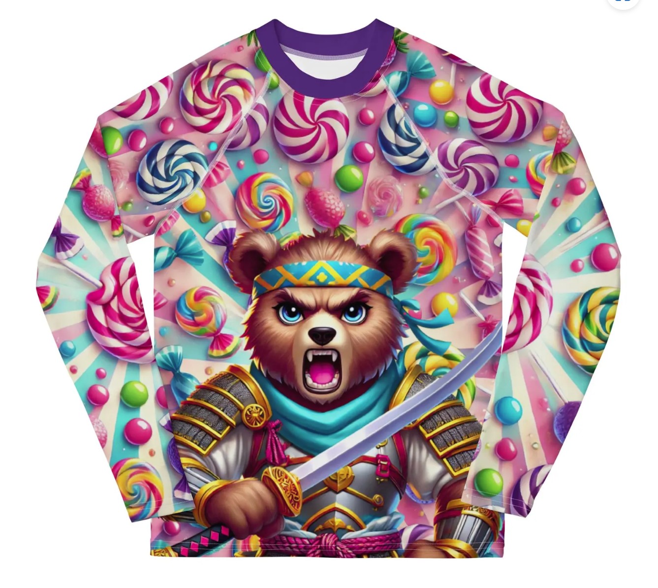 Roll Gear Custom Rash Guard – example sublimated design with colorful character graphic, sample for design-your-own BJJ/MMA team apparel.