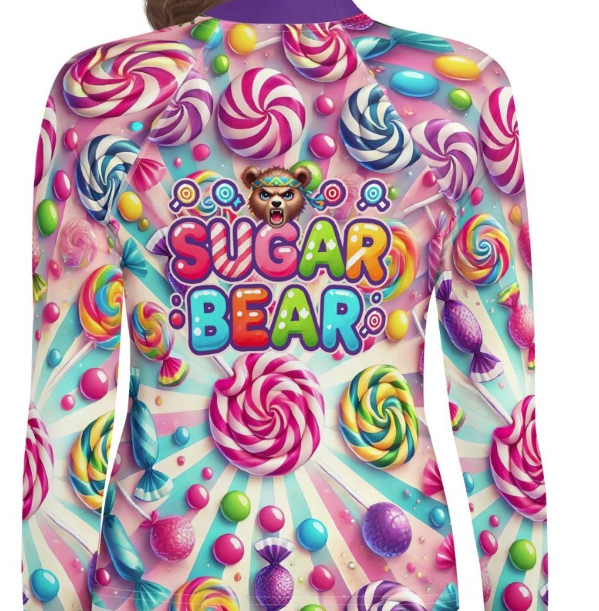 Roll Gear Custom Rash Guard – front view of a sample sublimated character design for design-your-own BJJ/MMA rash guards.