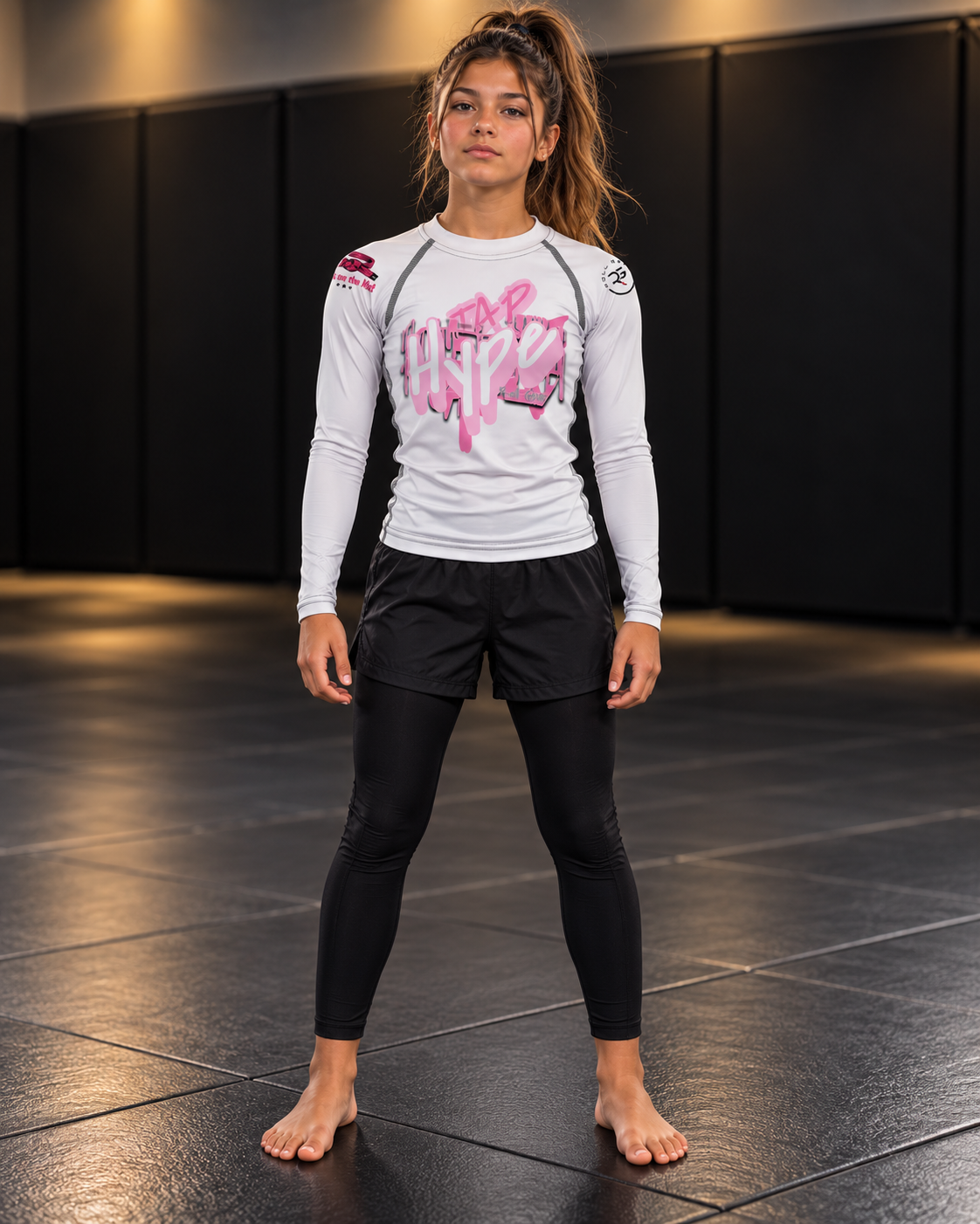 Roll Gear Tap Hype Girls on the Mat Rash Guard – Light Pink/White – Youth Long Sleeve, front view on a teen girl.