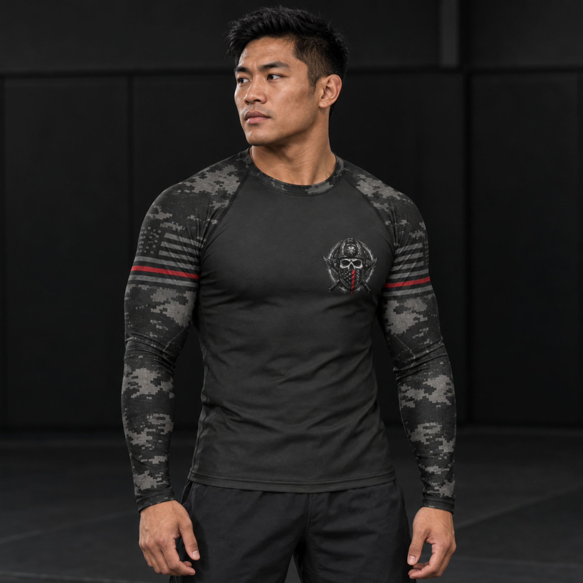 Roll Gear Men's Special Forces Edition Rash Guard, man standing in a gym, angled front view.