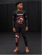 Roll Gear Cold Blooded Rash Guard – Black Venom Athlete Edition – Youth, boy wearing it with matching spats.