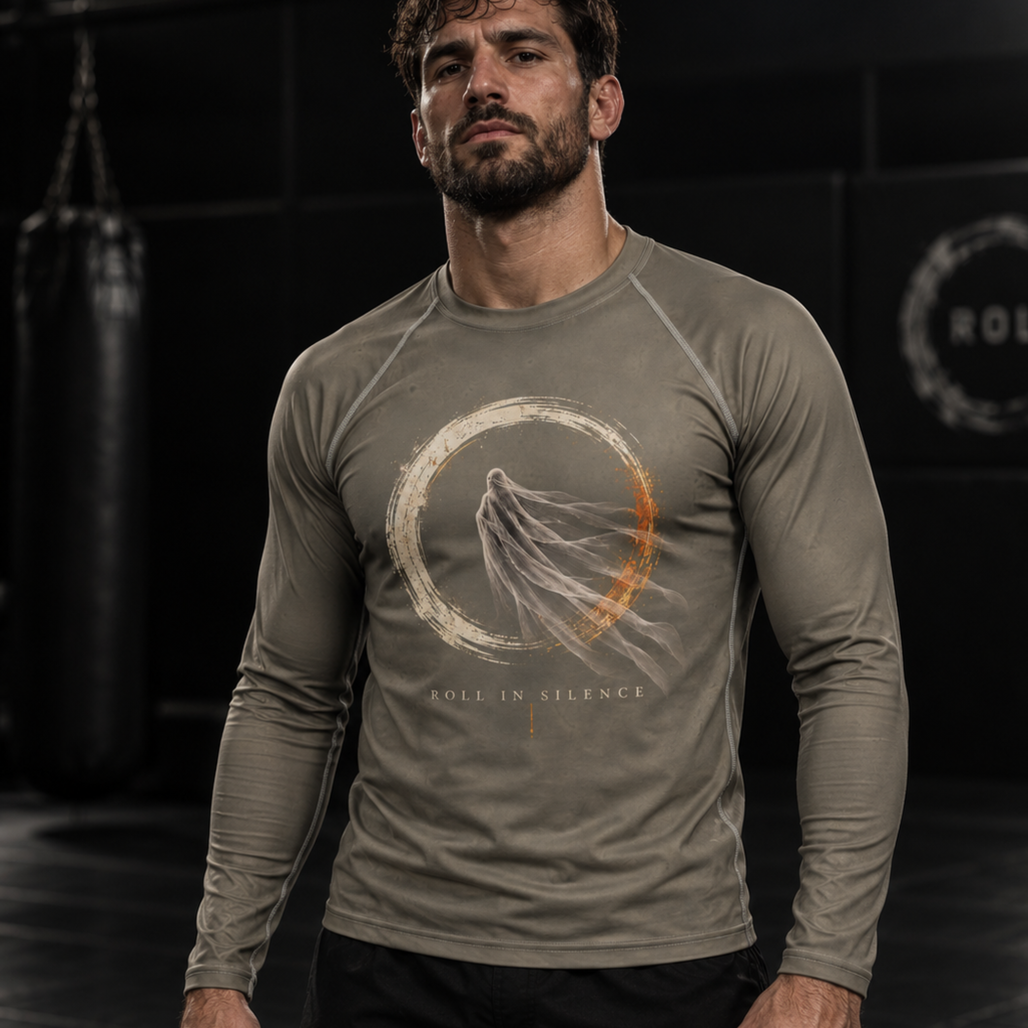 Roll Gear Phantom Pressure Long Sleeve Rash Guard – Olive – Men's, man standing in an academy, front view.