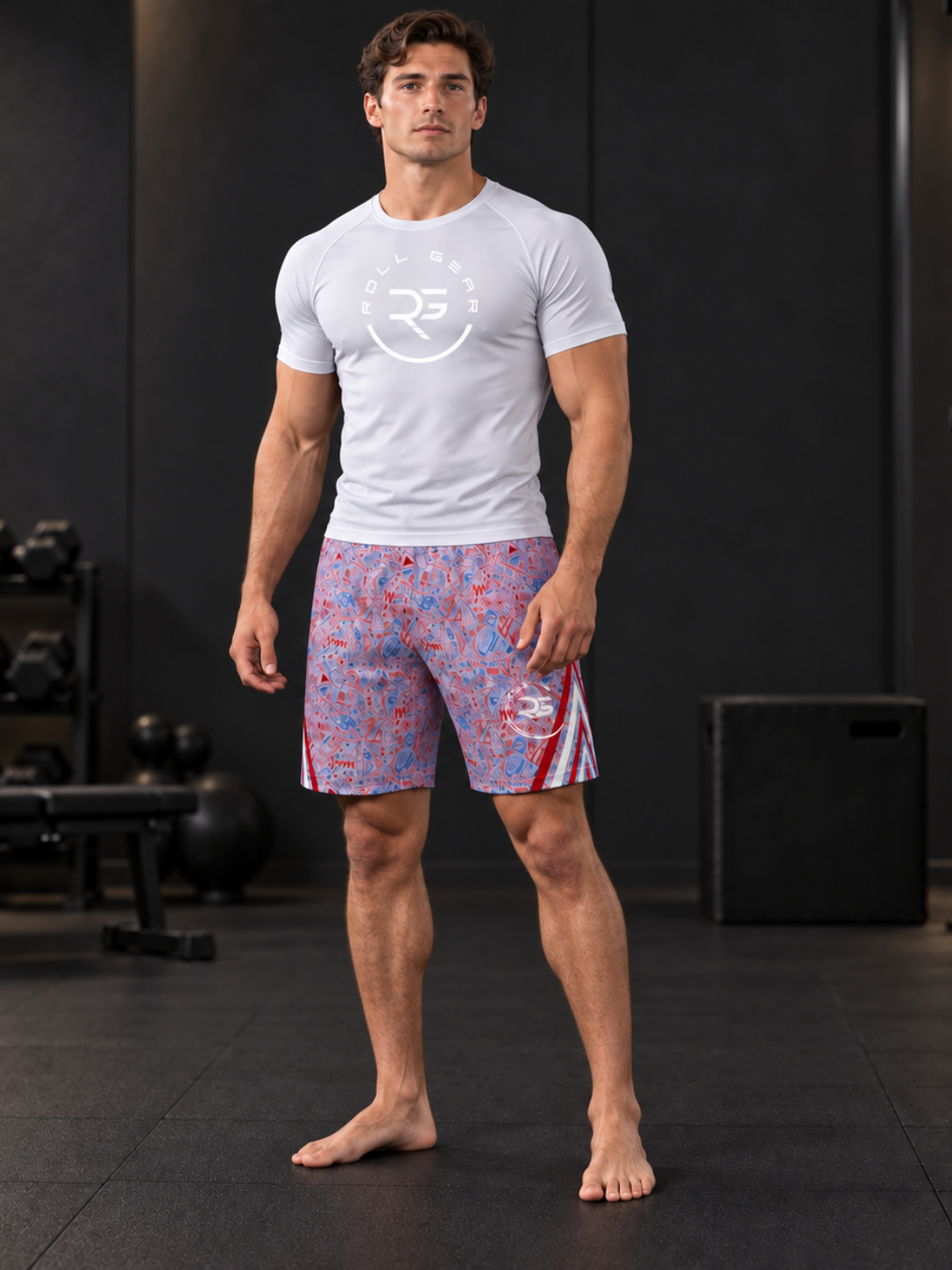 Roll Gear Stars & Scribbles Grappling Shorts, man standing in a gym, front view.