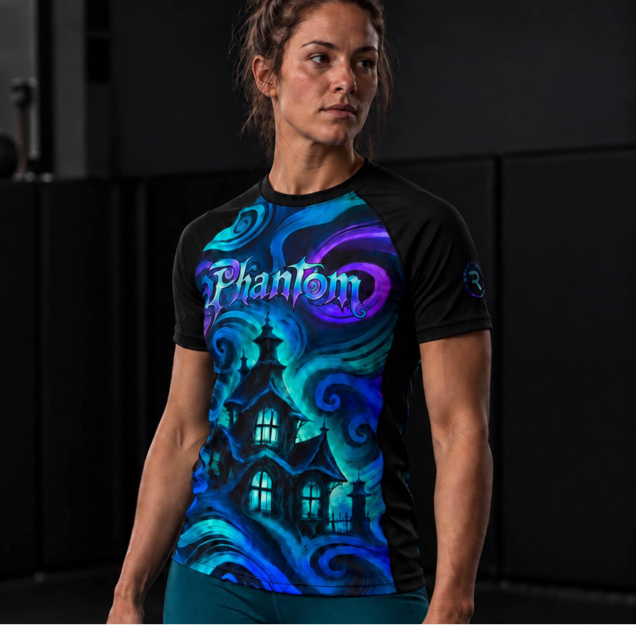 Roll Gear Phantom Hollow Short Sleeve Rash Guard – Adult Unisex, woman standing in an academy, front view.