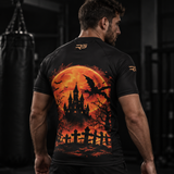 Roll Gear Tap or Treat Short Sleeve Rash Guard – Adult Unisex, man standing in a gym, back view, haunted castle graphic.