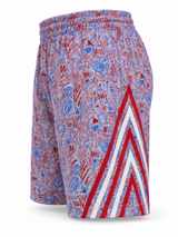 Roll Gear Stars & Scribbles Grappling Shorts, flat side view, striped side panel.