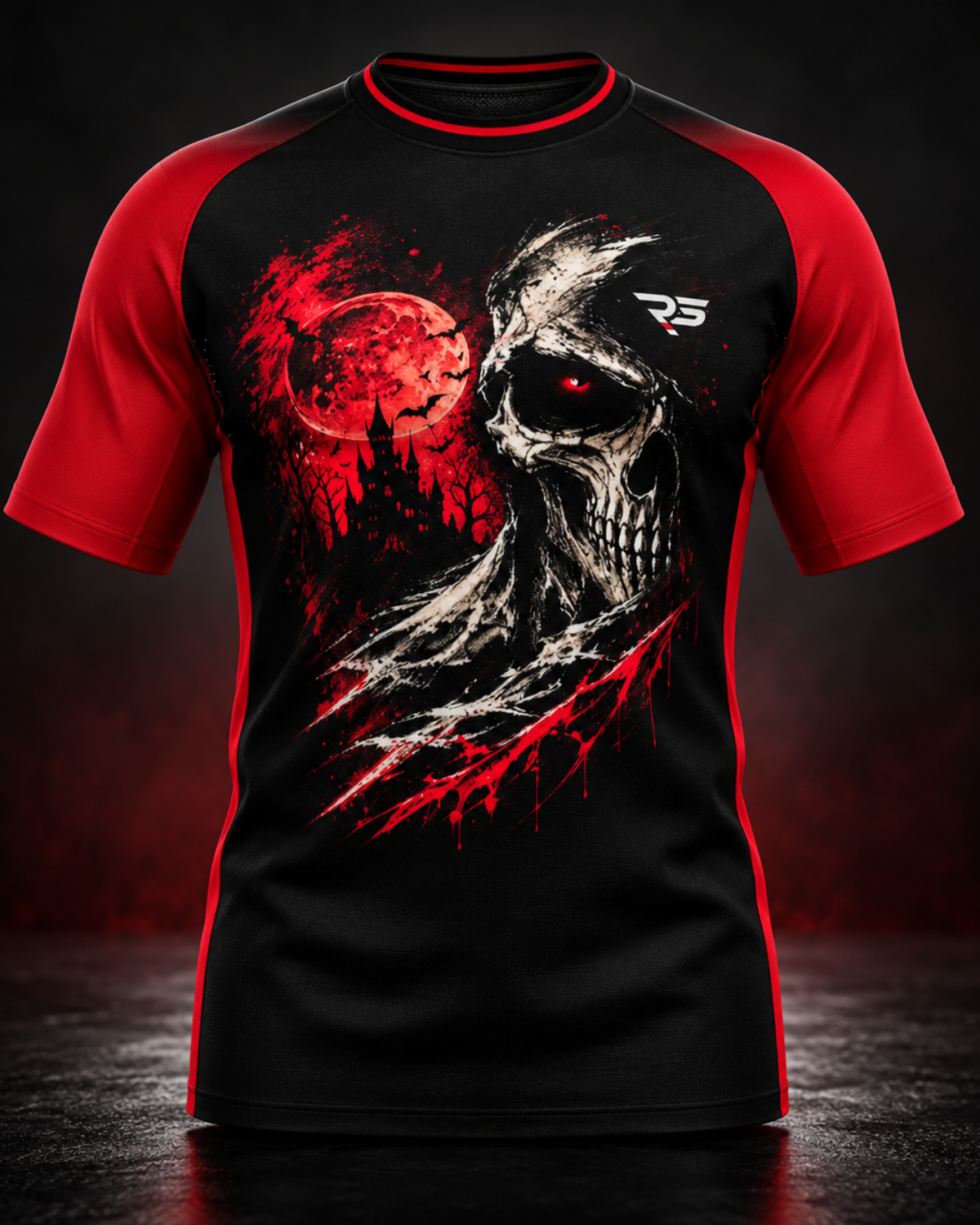 Roll Gear Embrace the Dark Short Sleeve Rash Guard, flat front view, skull graphic.
