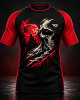 Roll Gear Embrace the Dark Short Sleeve Rash Guard, flat front view, skull graphic.