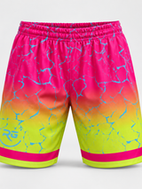 Roll Gear Neon Lava Grappling Shorts, flat front view, crackle print.