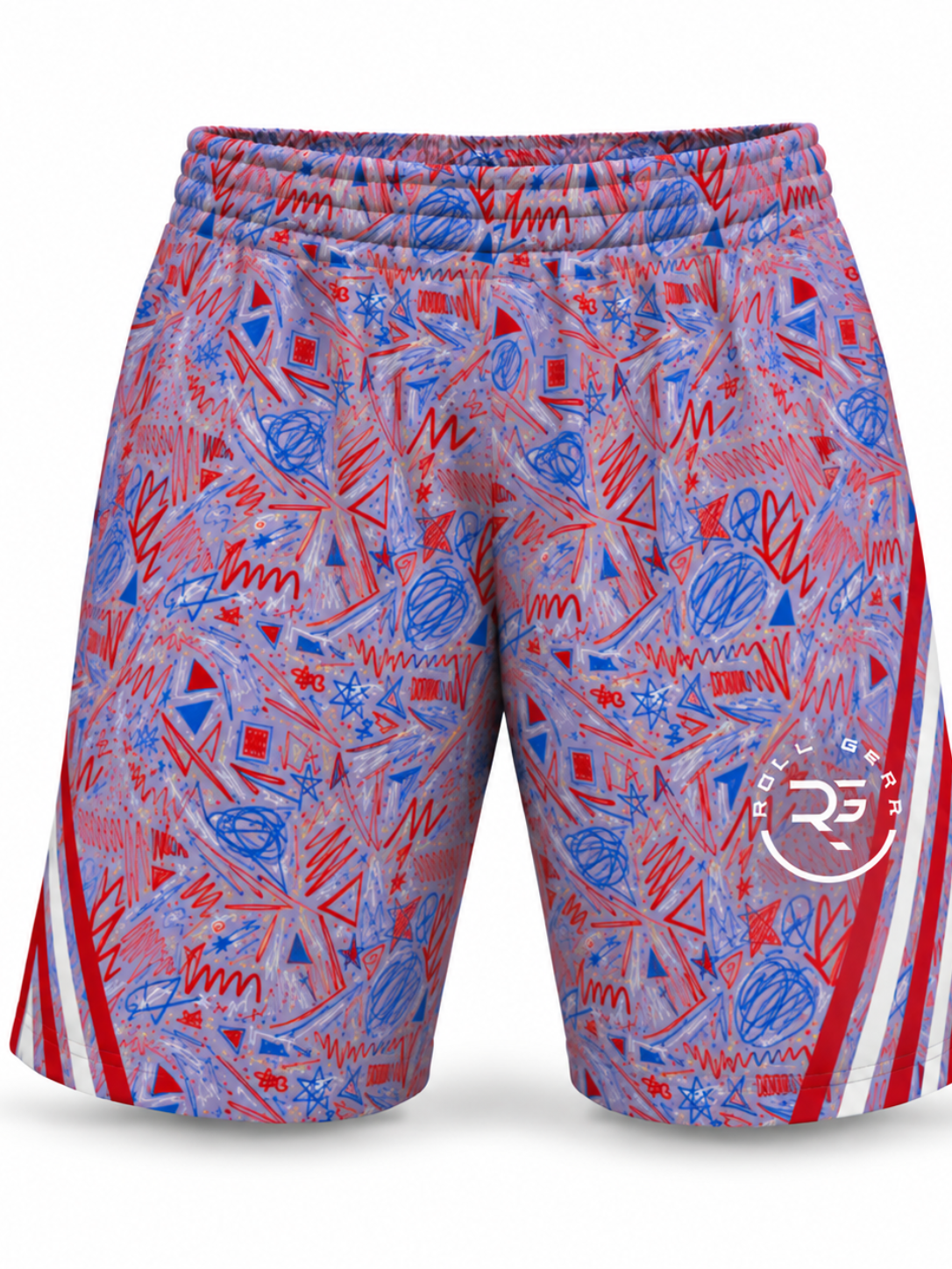 Roll Gear Stars & Scribbles Grappling Shorts, flat front view, sketched star print.