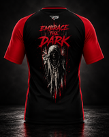 Roll Gear Embrace the Dark Short Sleeve Rash Guard, flat back view, Embrace the Dark graphic.