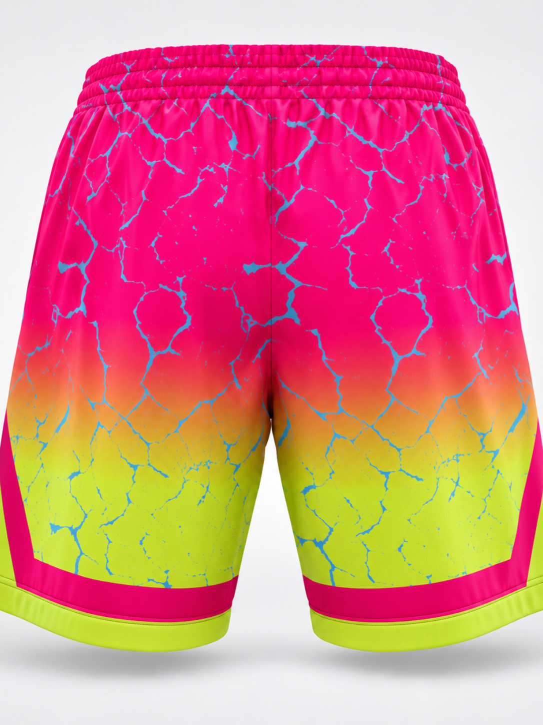 Roll Gear Neon Lava Grappling Shorts, flat back view, crackle print.