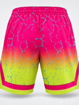 Roll Gear Neon Lava Grappling Shorts, flat back view, crackle print.