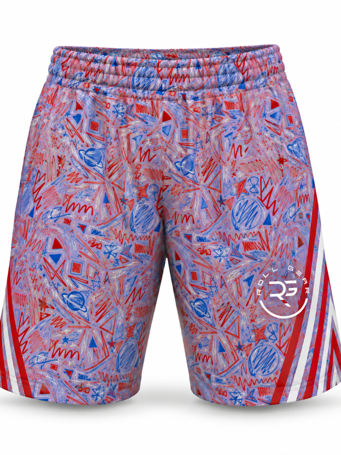 Roll Gear Stars & Scribbles Grappling Shorts, angled front view, sketched star print.
