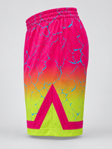 Roll Gear Neon Lava Grappling Shorts, flat side view, crackle print.