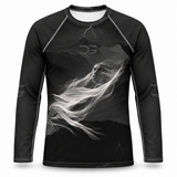 Men's Phantom Fear No Evil Halloween long sleeve rash guard, Valley of the Shadow of Death spirit graphic detail
