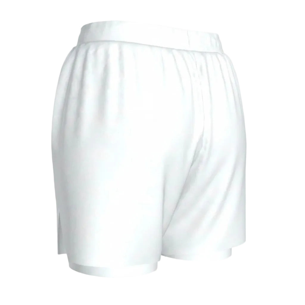 Roll Gear Women's White 2-in-1 Grappling Shorts – Own the Mat Edition, back view.